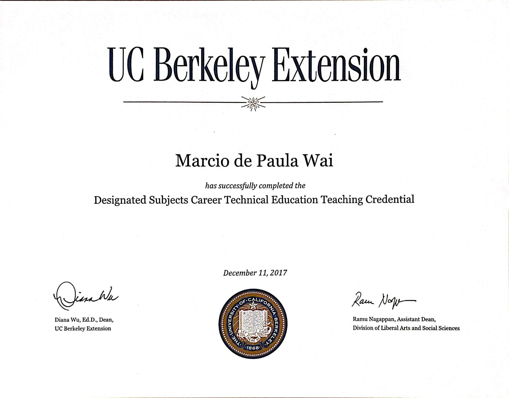 Designated Subjects Career Technical Education Teaching Credential Program Completion certificate, 2017-12-11