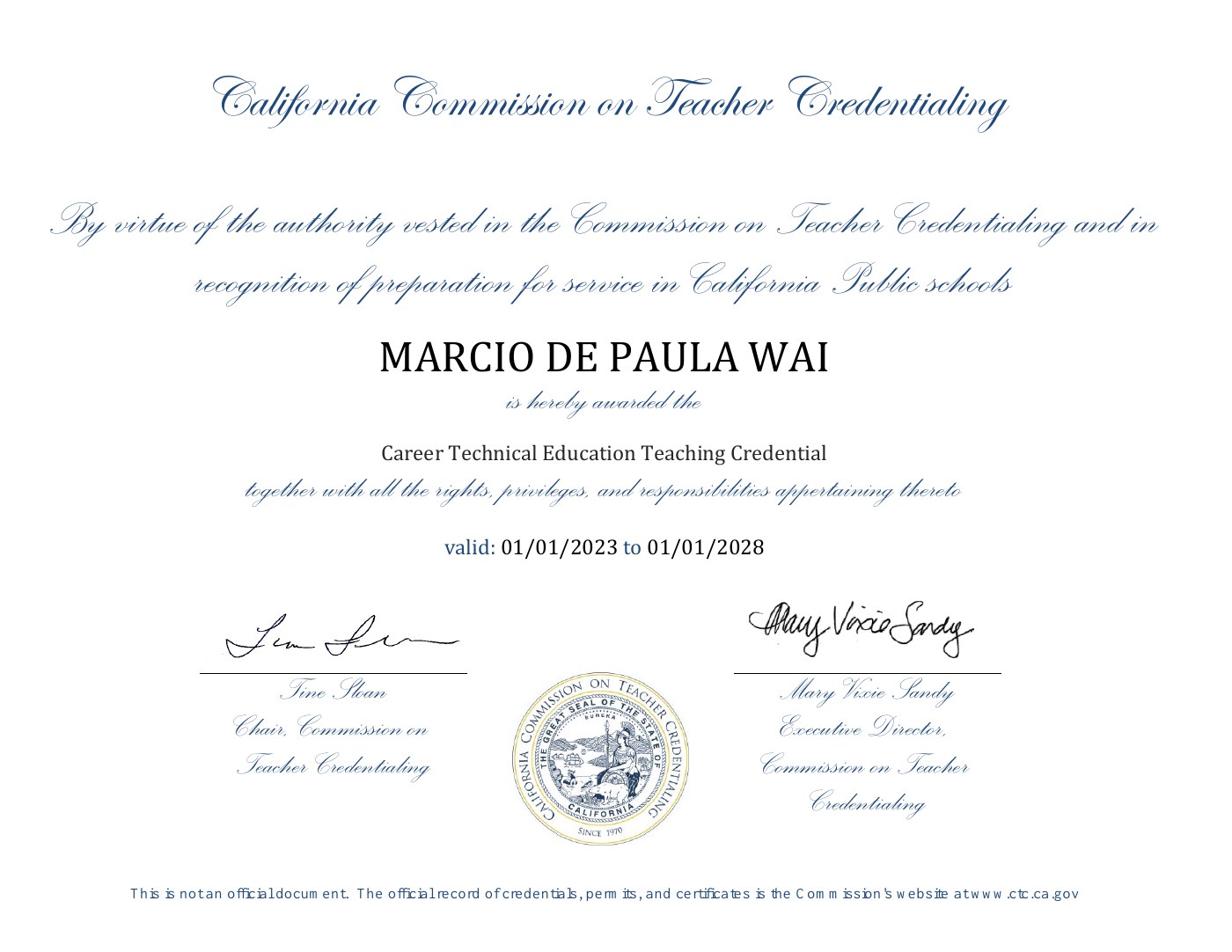 California Clear CTE Teaching Credential certificate, 2023-01-01