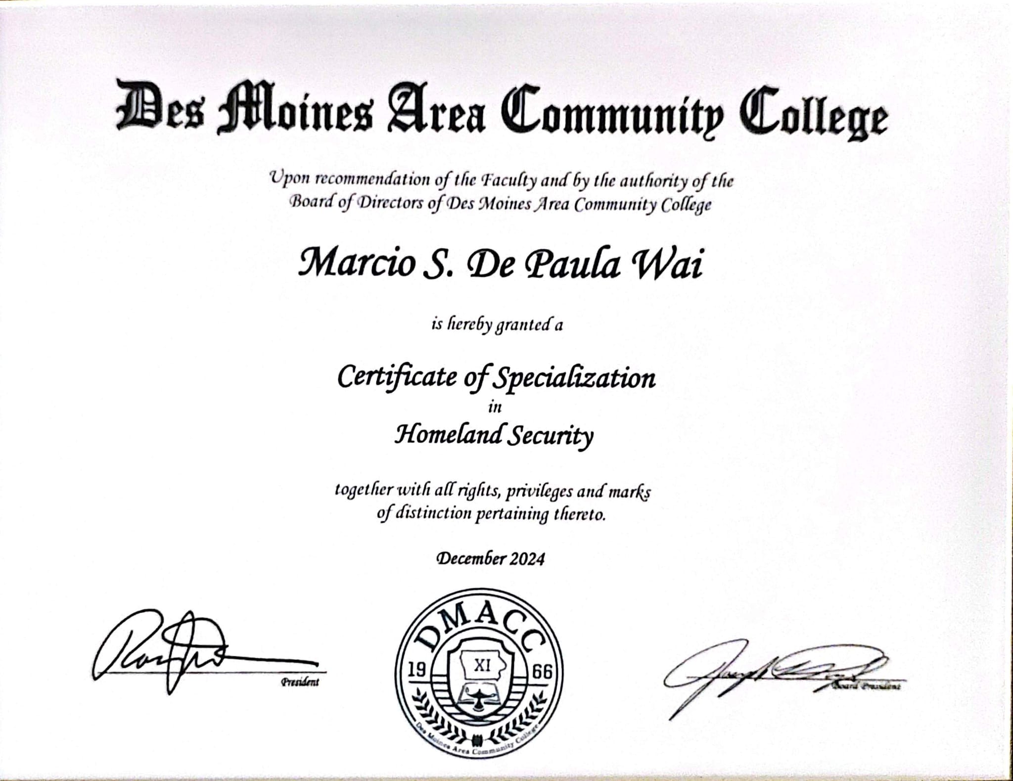 Certificate of Specialization in Homeland Security certificate, 2024-12