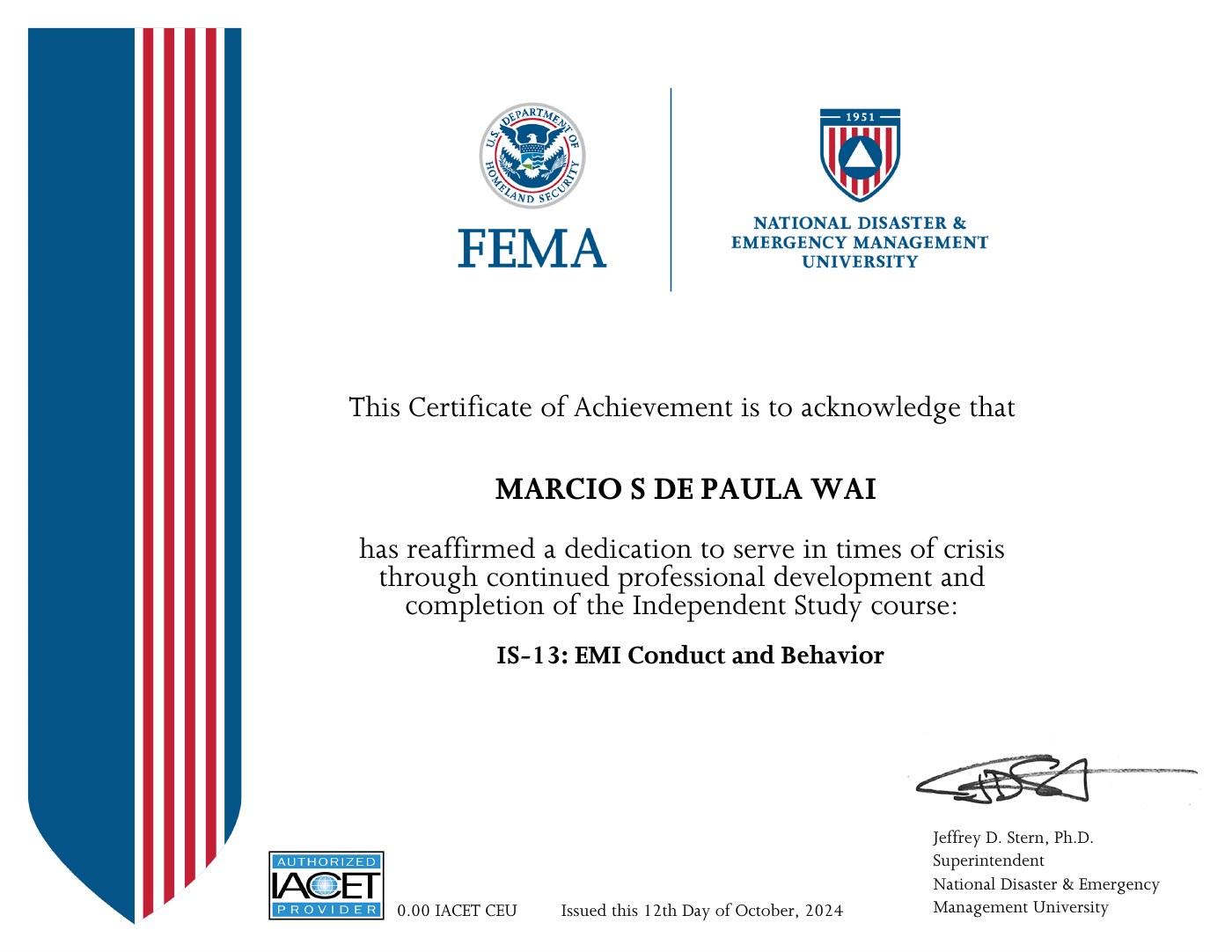 IS-13 · NDEMU Conduct and Behavior certificate, 2024-10-12