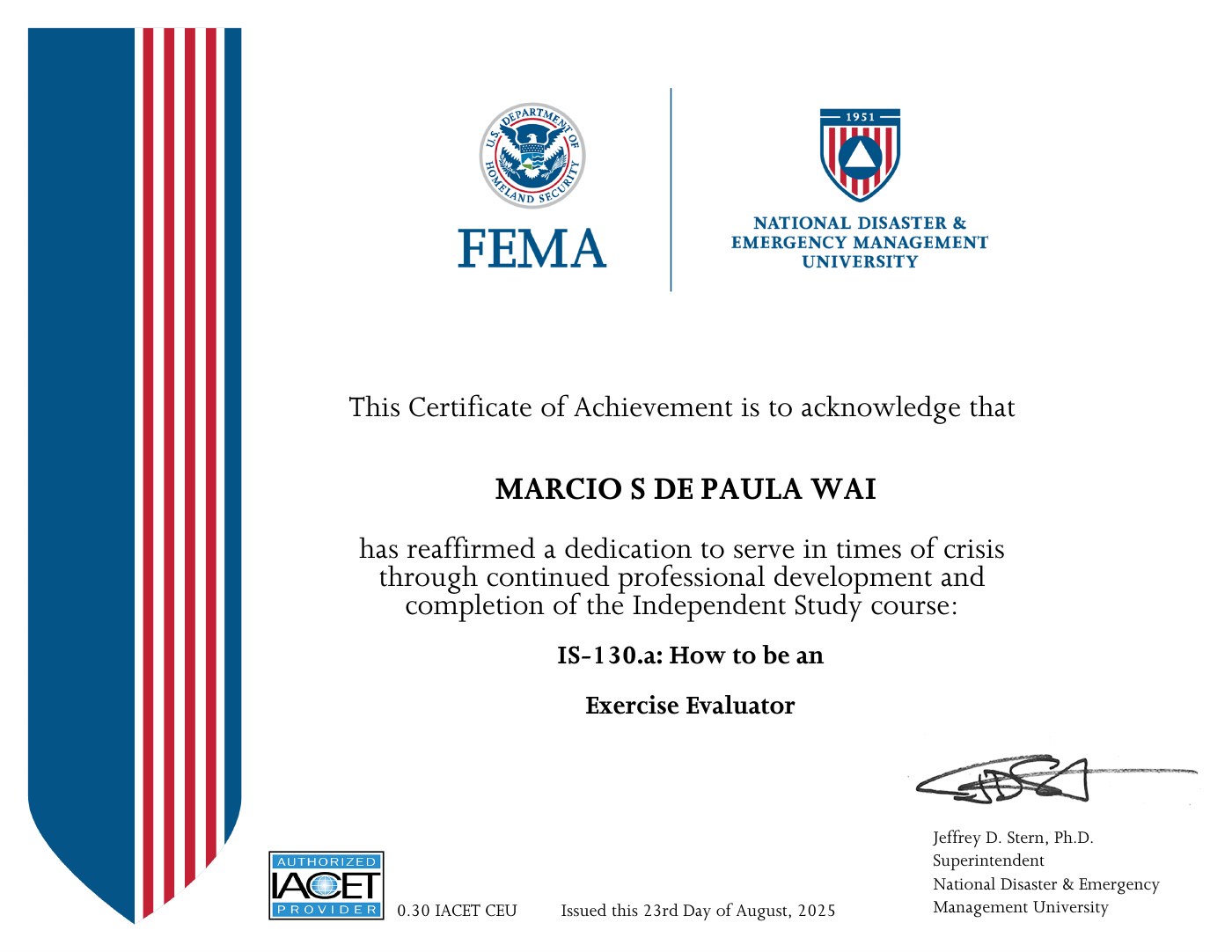 IS-130.a · How to be an Exercise Evaluator certificate, 2025-08-23