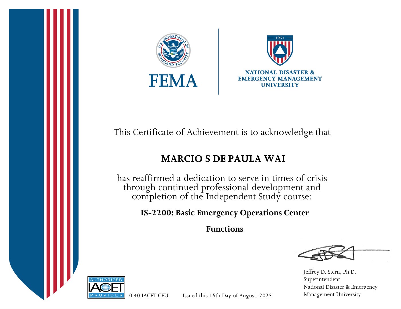 IS-2200 · Basic Emergency Operations Center Functions certificate, 2025-08-15