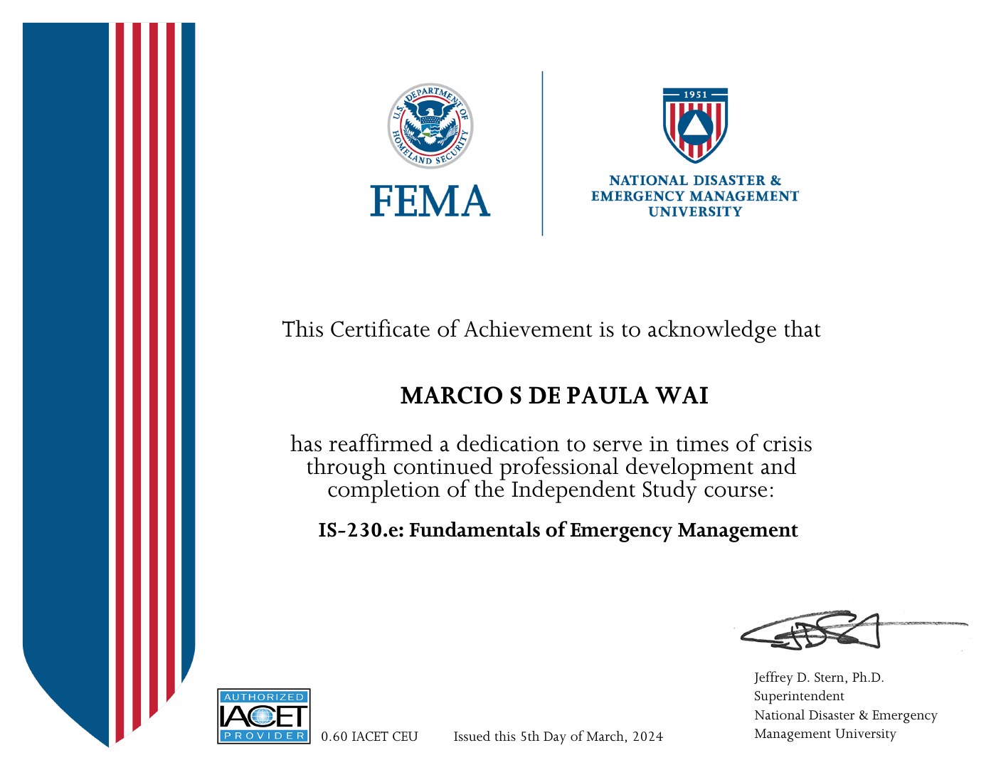 IS-230.e · Fundamentals of Emergency Management certificate, 2024-03-05