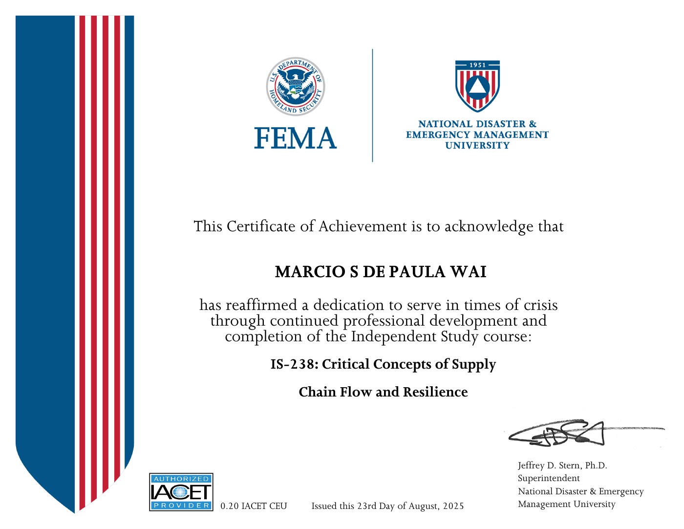 IS-238 · Critical Concepts of Supply Chain Flow and Resilience certificate, 2025-08-23