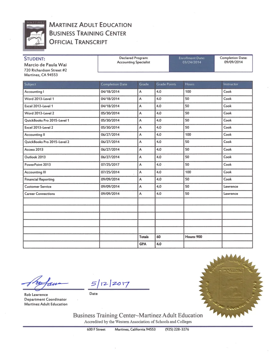 Accounting Specialist · Official Transcript