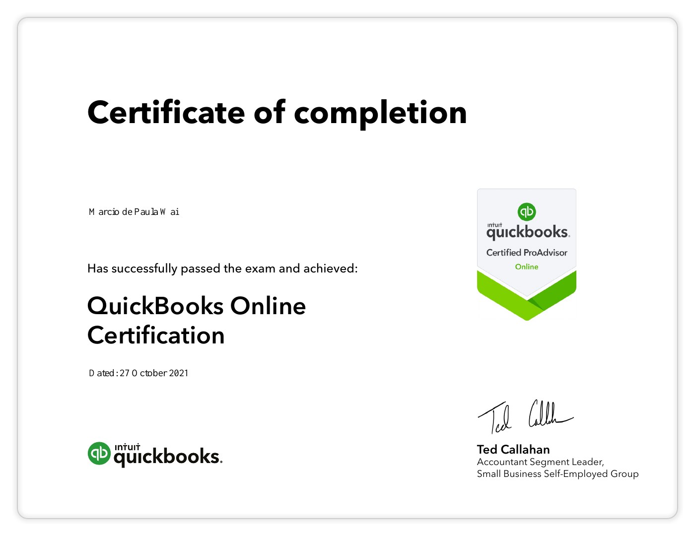 QuickBooks Online Certification certificate, 2021-10-27