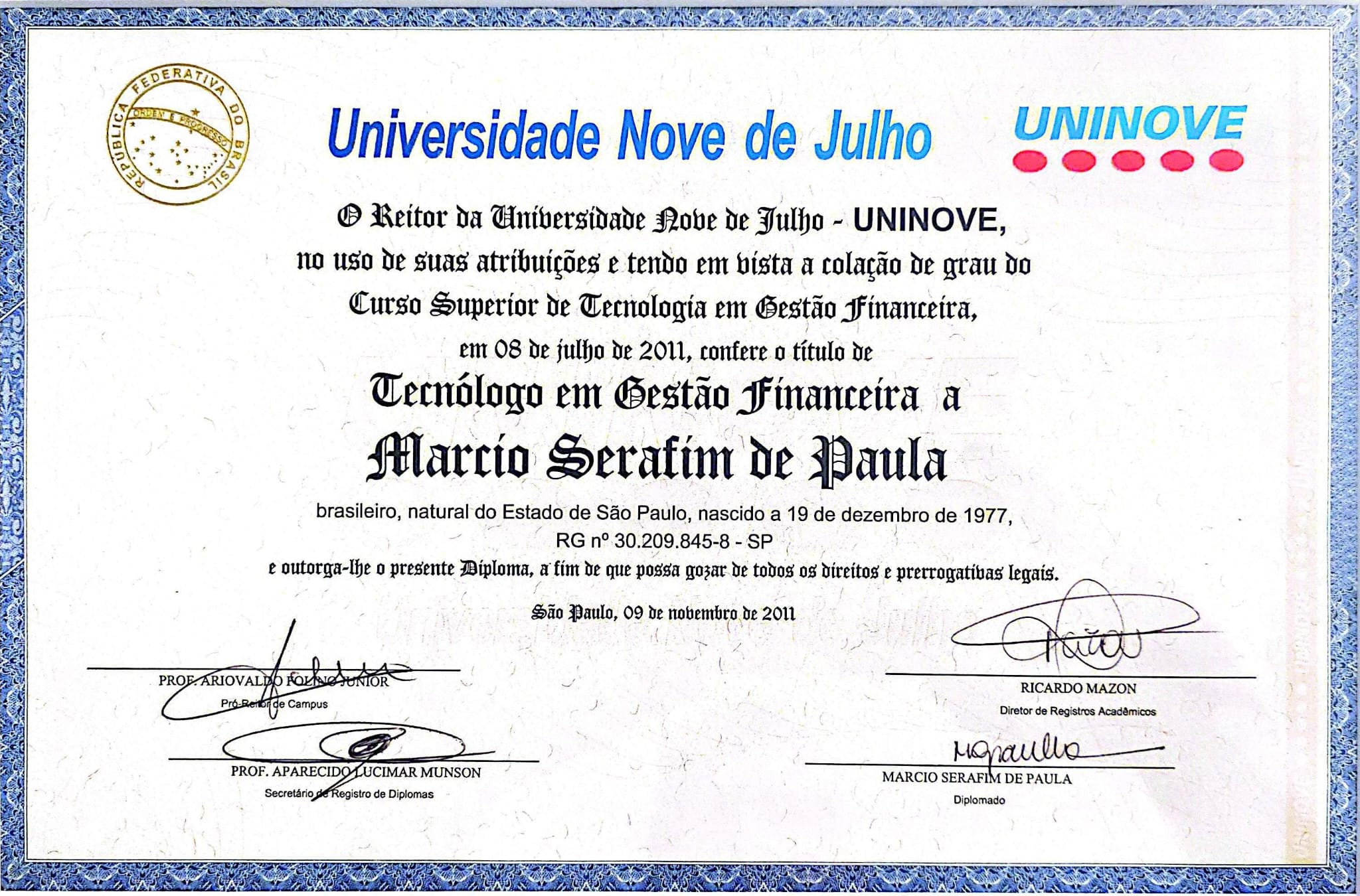 Tecnólogo em Gestão Financeira (Financial Management) certificate, 2011-07-08